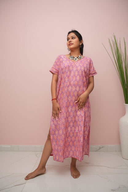 Gulaabi Raag – Sanganeri Kaftan Kurta in Kanta Cotton with Sea Shell Buttons