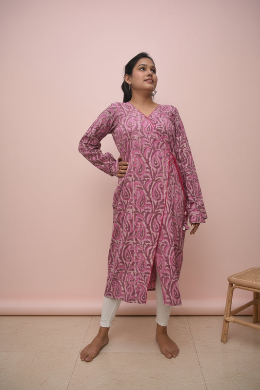 Gulbadan – Dusty Rose Dabu Angrakha Kurta with Shell Tassel Tie-Ups