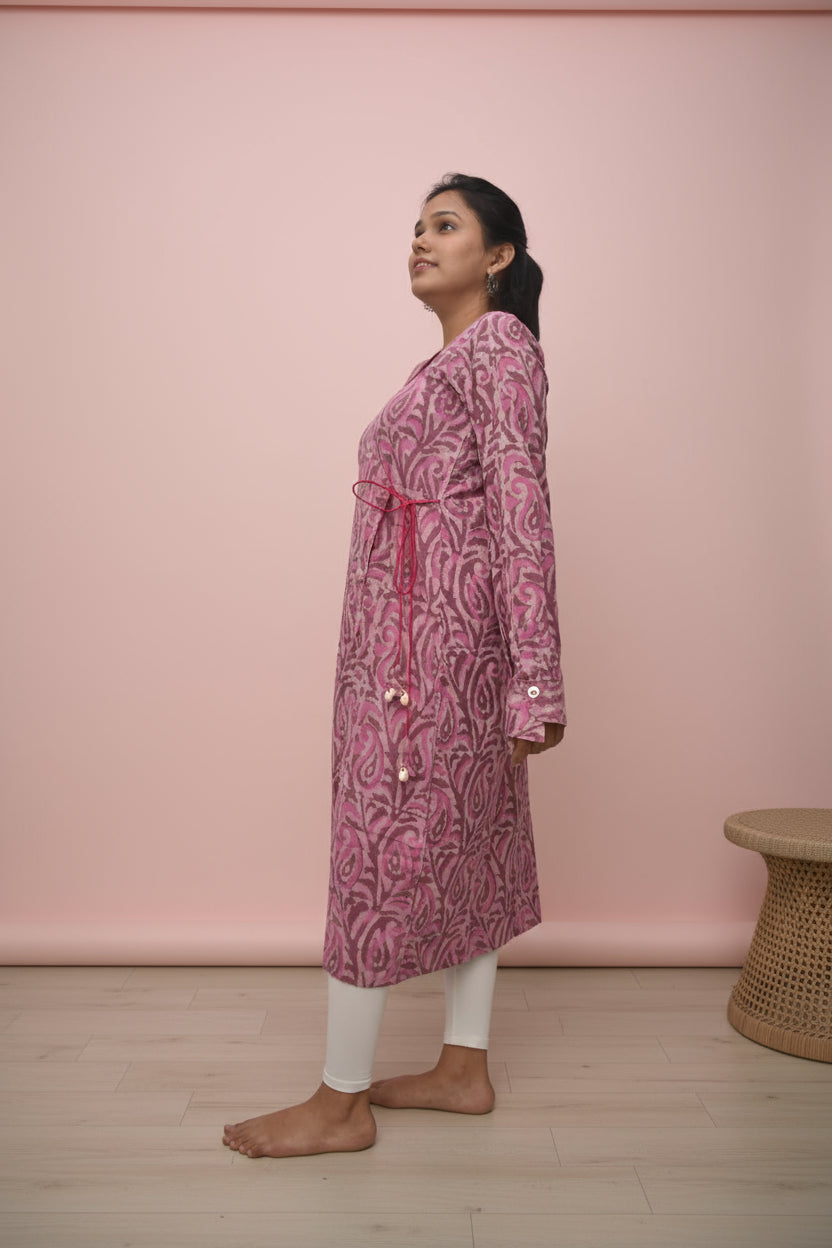 Gulbadan – Dusty Rose Dabu Angrakha Kurta with Shell Tassel Tie-Ups