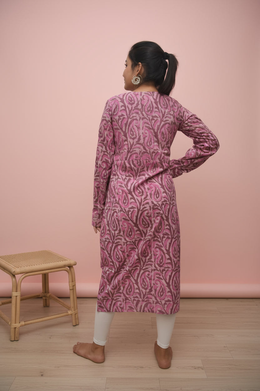 Gulbadan – Dusty Rose Dabu Angrakha Kurta with Shell Tassel Tie-Ups