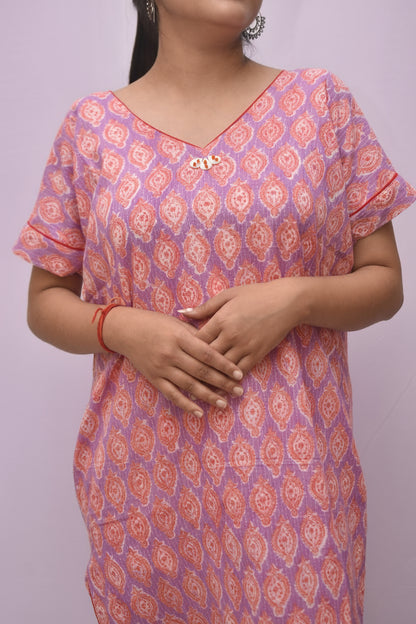 Gulaabi Raag – Sanganeri Kaftan Kurta in Kanta Cotton with Sea Shell Buttons