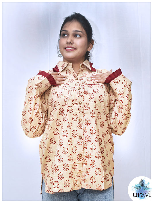 Sharvani – Maroon Leaf Block Pleated Cuff Shirt