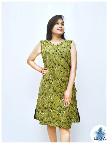 Vedika – Floral Sage Angrakha Cotton Dress