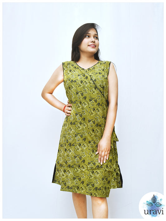 Vedika – Floral Sage Angrakha Cotton Dress
