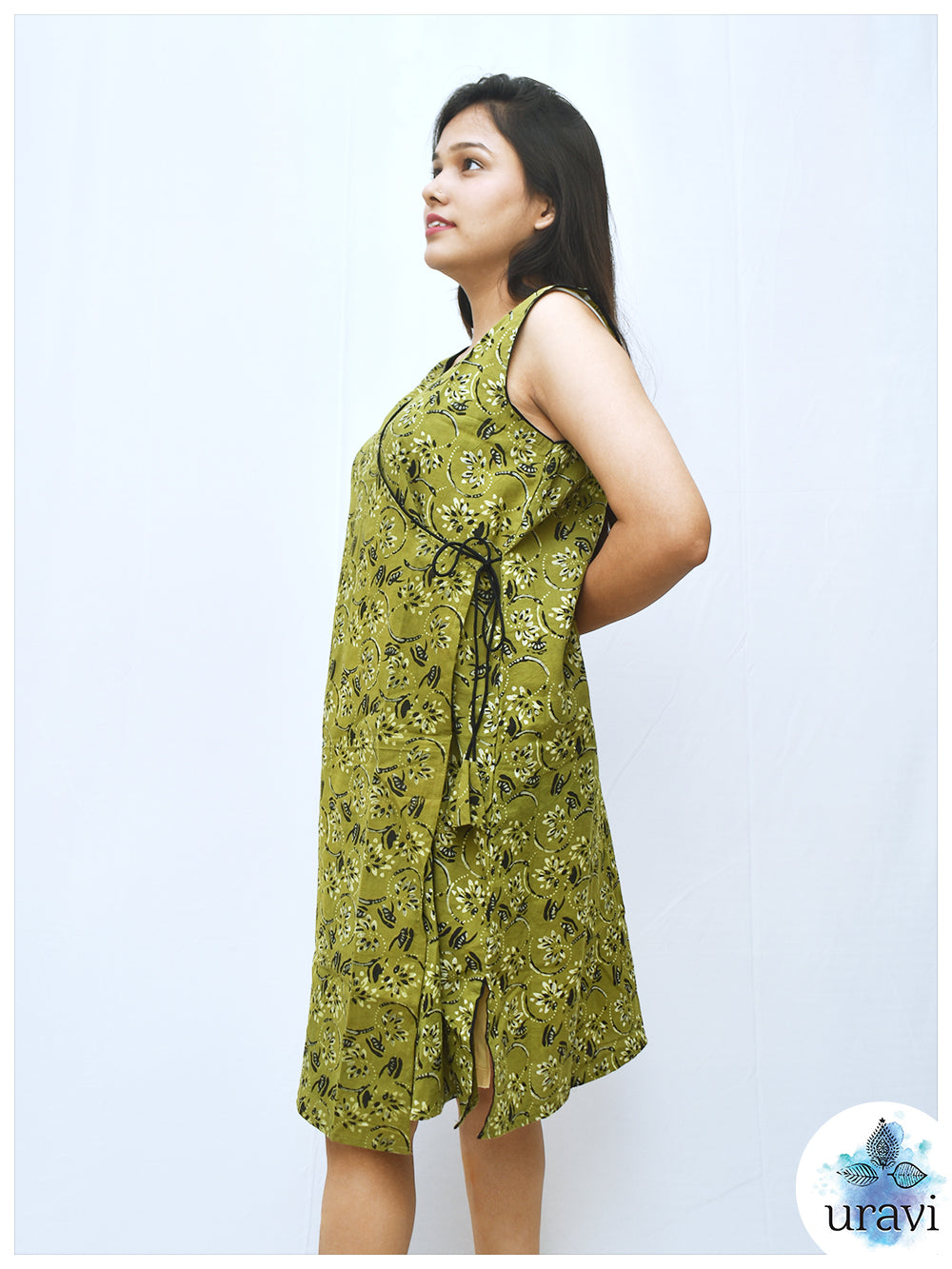 Vedika – Floral Sage Angrakha Cotton Dress