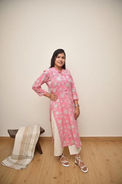 Amalya – Rose Pink Kurta with Mughal Floral Vines & Pleated Keyhole Neck