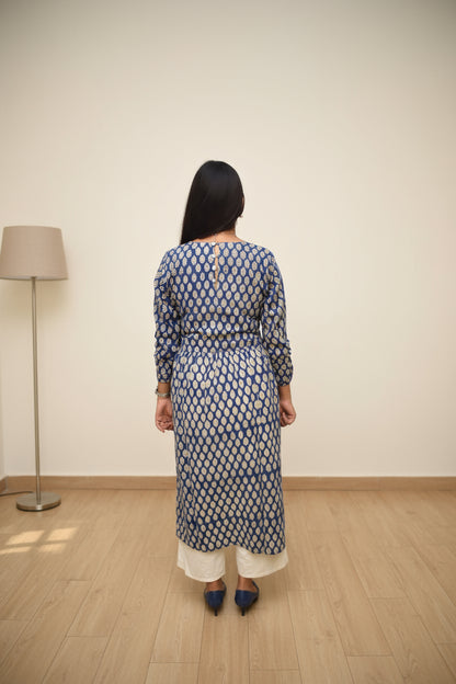 Neel Tara – Royal Blue Sanganeri Ruched Empire Kurta