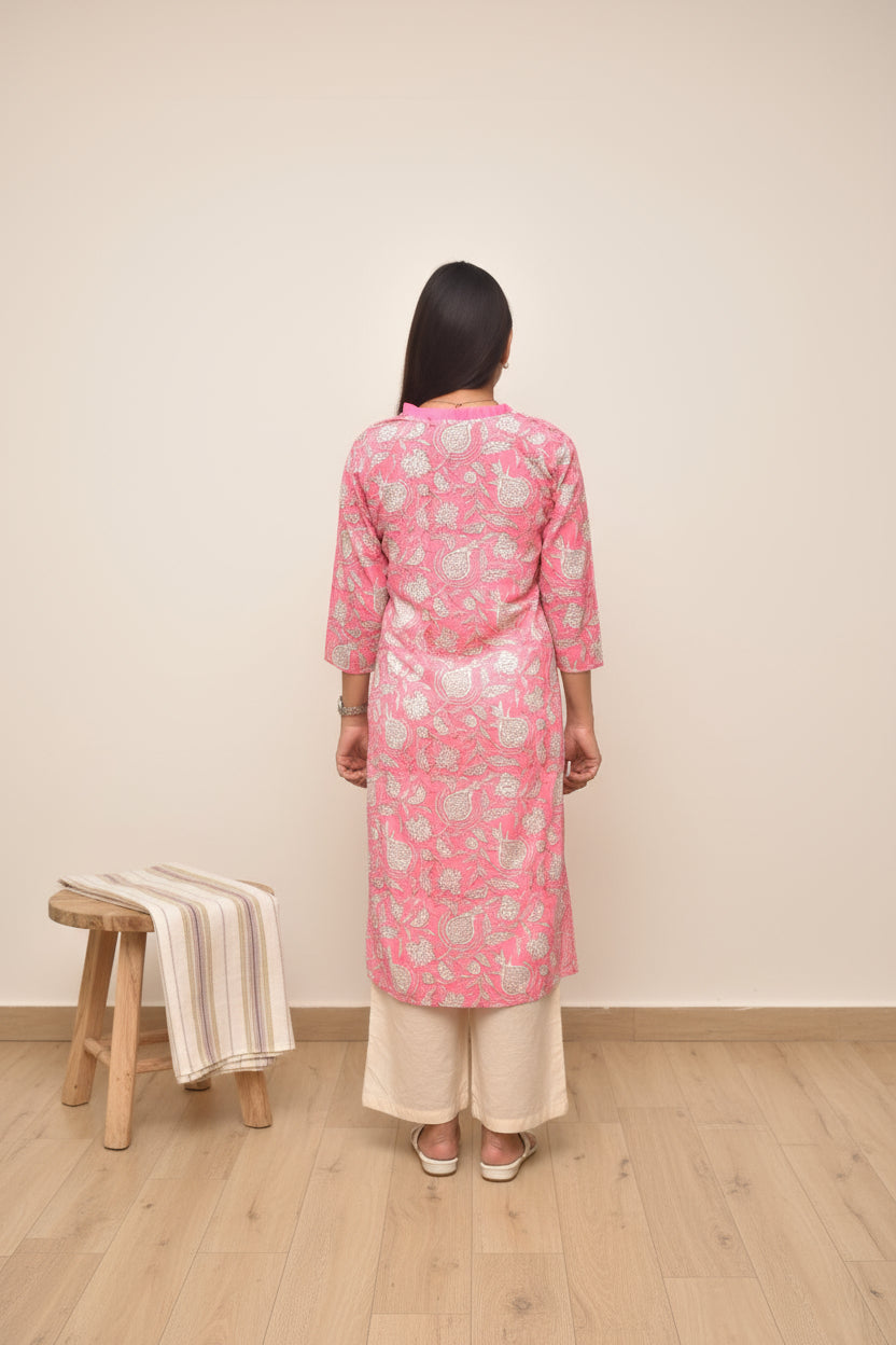 Amalya – Rose Pink Kurta with Mughal Floral Vines & Pleated Keyhole Neck