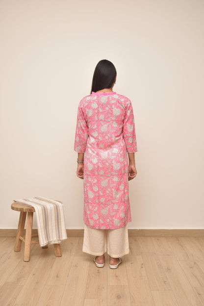 Amalya – Rose Pink Kurta with Mughal Floral Vines & Pleated Keyhole Neck