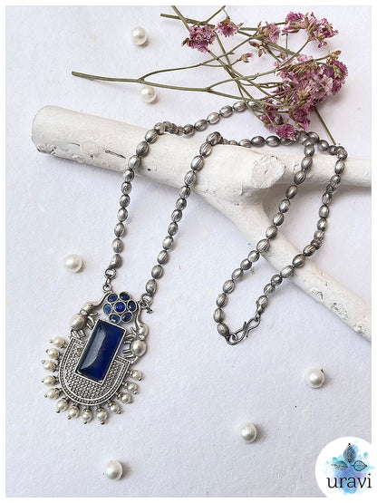 GajVilas - Oxidised Silver Replica Stone Studded Long Necklace Set