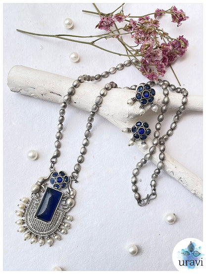 GajVilas - Oxidised Silver Replica Stone Studded Long Necklace Set