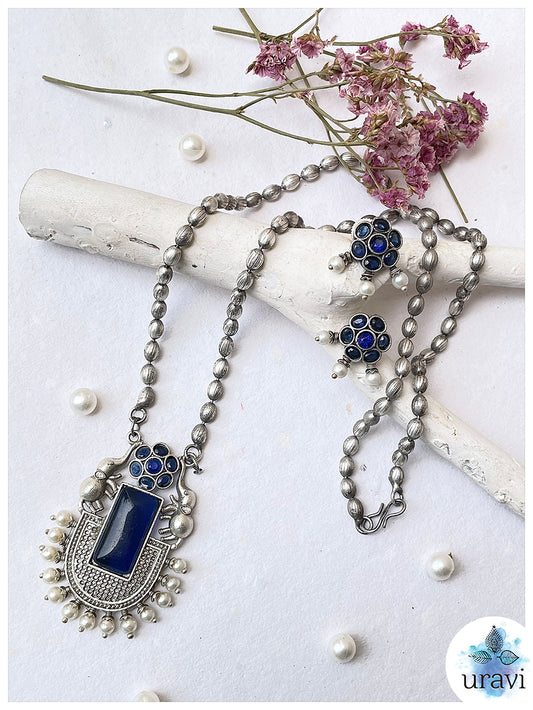 GajVilas - Oxidised Silver Replica Stone Studded Long Necklace Set