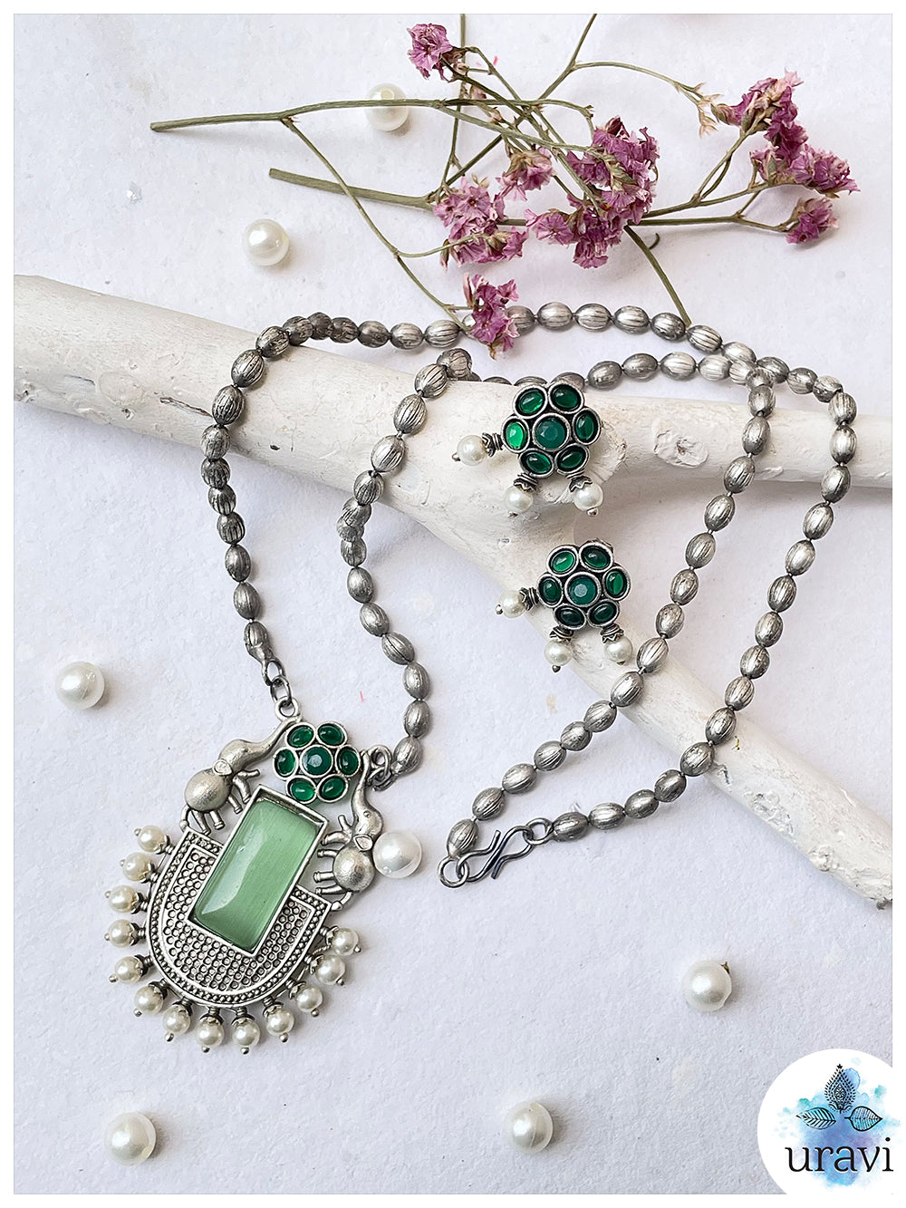 GajVilas - Oxidised Silver Replica Stone Studded Long Necklace Set