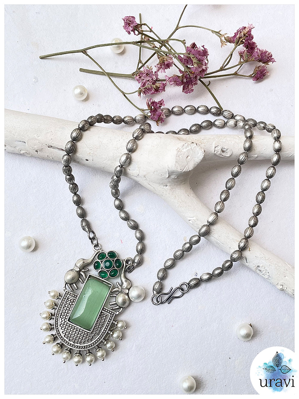 GajVilas - Oxidised Silver Replica Stone Studded Long Necklace Set