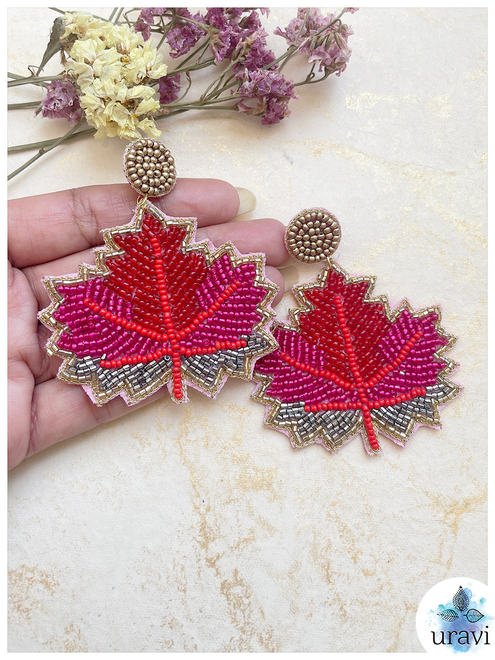 "Maple-Leaf" Shape Beaded Handmade Earrings