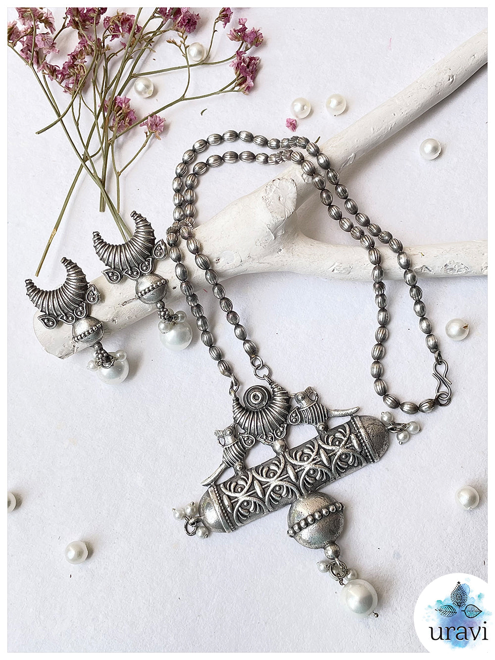 Noore-e- Chand - Silver Replica Long Necklace Set