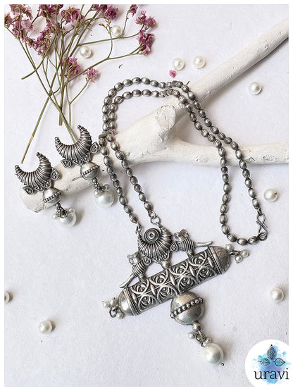 Noore-e- Chand - Silver Replica Long Necklace Set