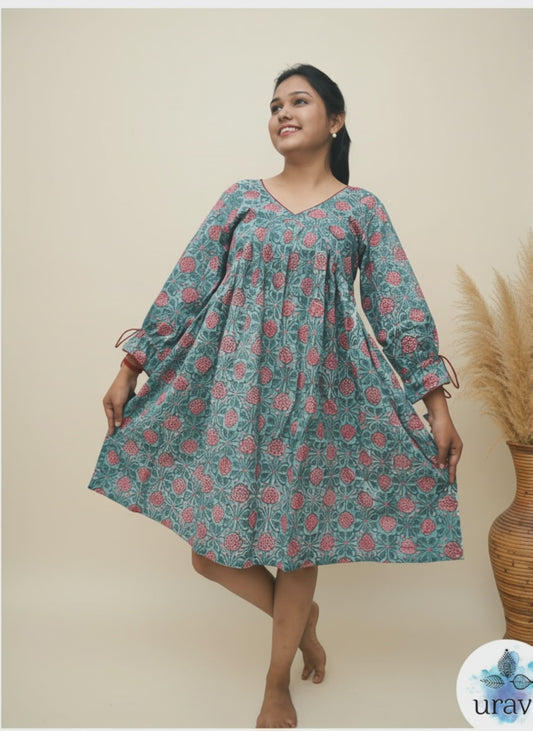 Pushpika – Teal Floral Handblock Pleated Dress