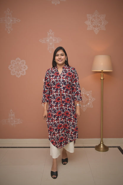 Neelima – Maroon Dabu Kurta with White Floral Vines & Deep Purple Sleeve Accents