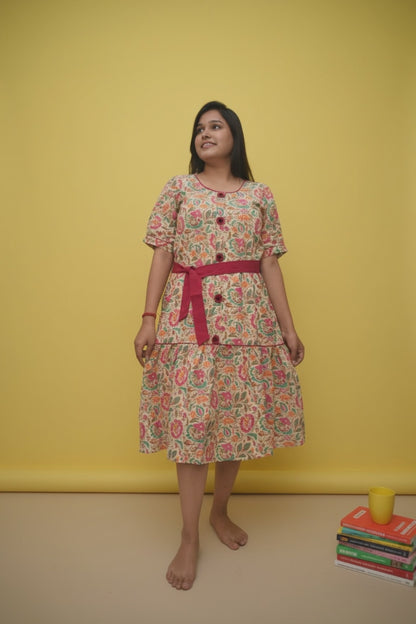 Aarunya – Cream Sanganeri Floral Belted Midi Dress with Crochet Fabric Buttons