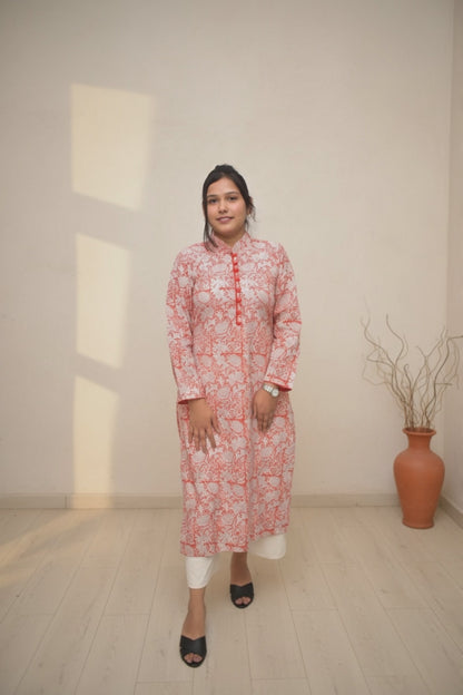 Tavisha – Orange Floral Straight Kurta with Mandarin Collar