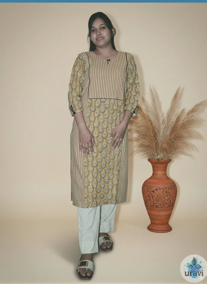 Pranaya – Ochre Sanganeri Handblock Panel Kurta with Buttoned Sleeves