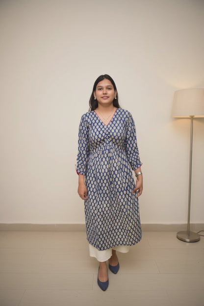 Neel Tara – Royal Blue Sanganeri Ruched Empire Kurta