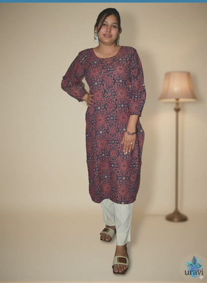 Sharvangi – Indigo-Rust Sanganeri Handblock Kurta with Cuffed Sleeves