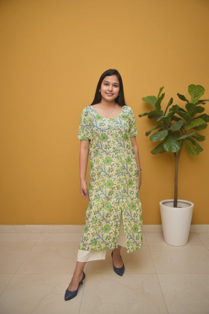 Avni – Pistachio Green Sanganeri Kurta with Fabric Button Placket & Front Slit