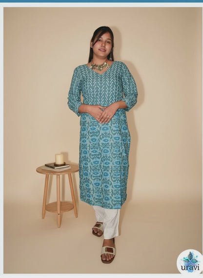 Amulya – Teal Dabu Handblock Dual Print Kurta with Scallop Sleeves
