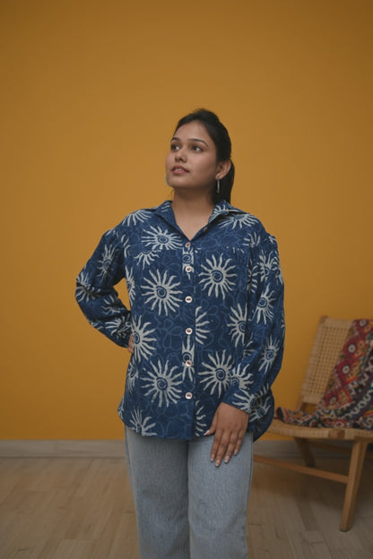 Neel Tara – Indigo Dabu Shirt with Sun Motif & Seashell Buttons