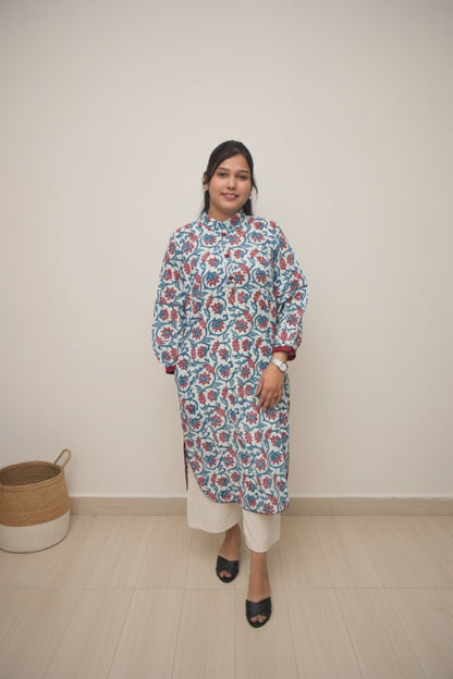 Pushpika – White Kurta with Red-Blue Mughal Floral Print & Balloon Sleeves