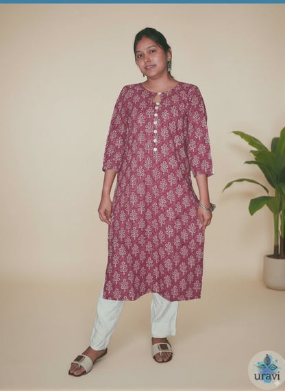 Vasundhara – Rose Dabu Handblock Kurta with Cloth Buttons