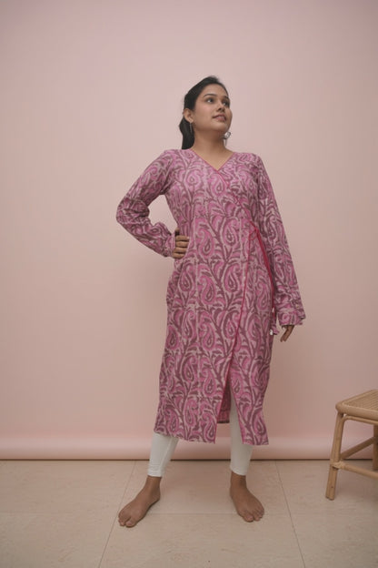 Gulbadan – Dusty Rose Dabu Angrakha Kurta with Shell Tassel Tie-Ups