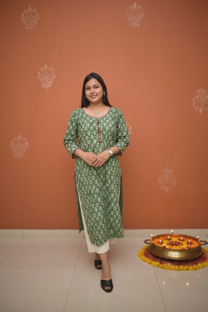 Gulmohar – Moss Green Dabu Handblock Kurta with Contrast Button Detailing