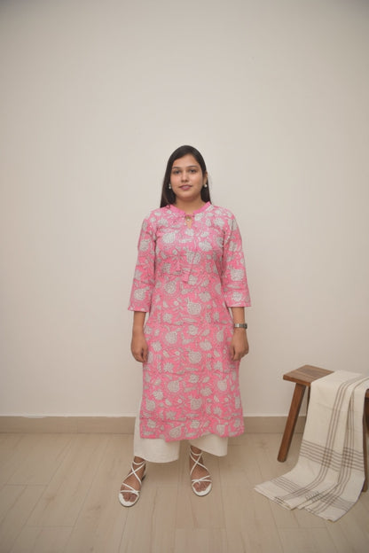 Amalya – Rose Pink Kurta with Mughal Floral Vines & Pleated Keyhole Neck