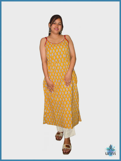 Kumudini – Mustard Sanganeri Screen Print Strappy Kurta