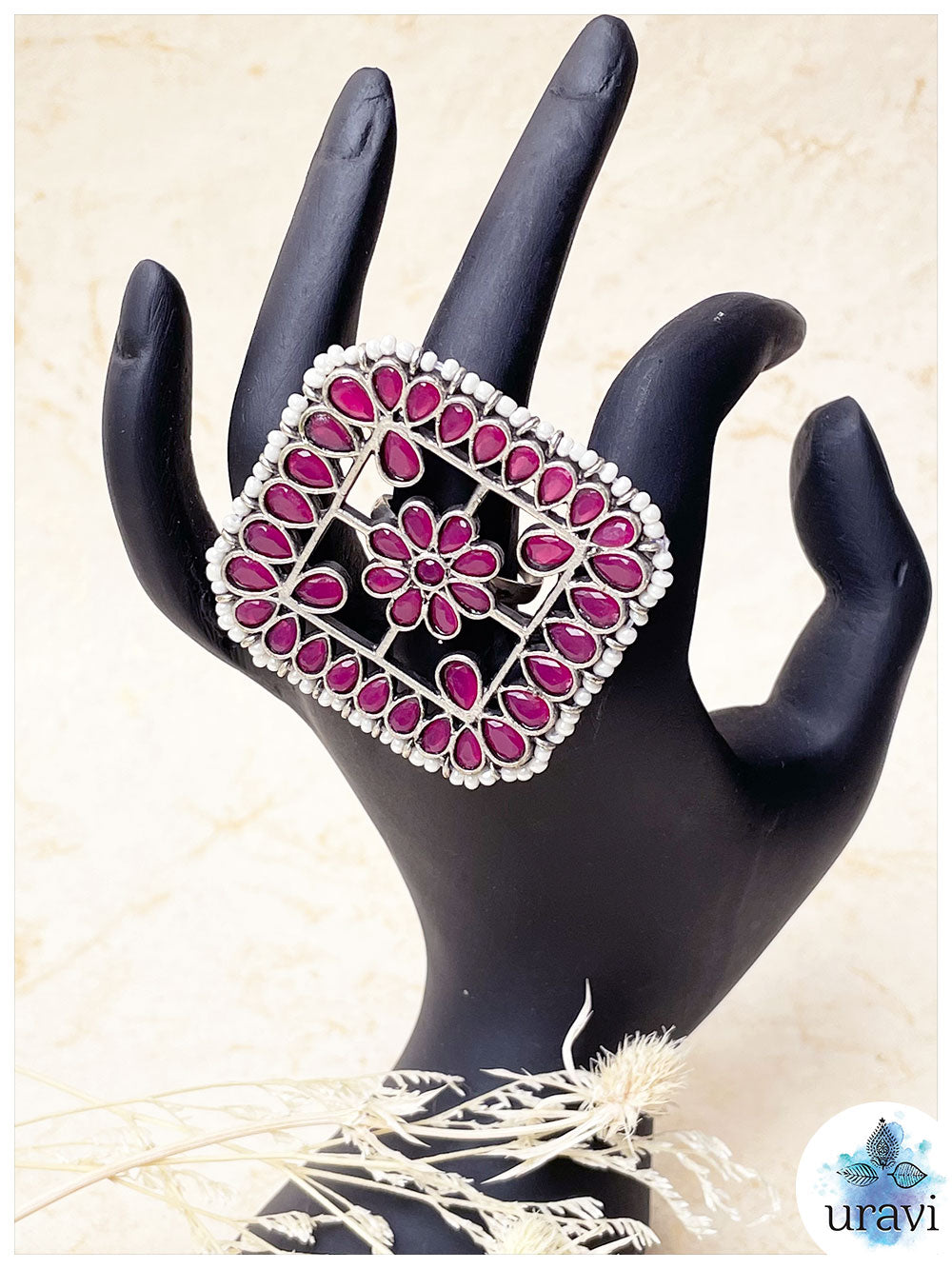 Mrignayani - Stone-Studded Silver Replica Finger Ring