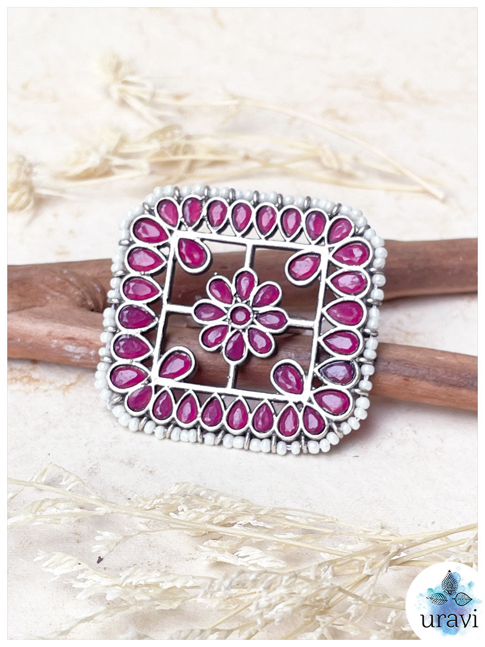 Mrignayani - Stone-Studded Silver Replica Finger Ring