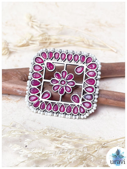 Mrignayani - Stone-Studded Silver Replica Finger Ring