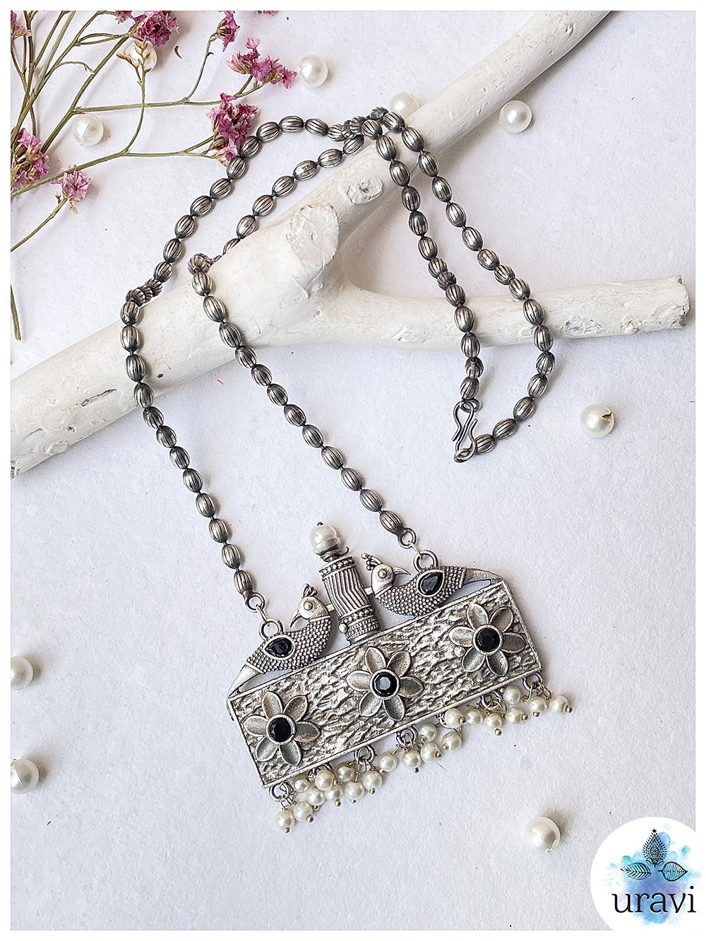 Shringaar Shresthata  - Oxidised Silver Replica Stone Studded Long Necklace Set