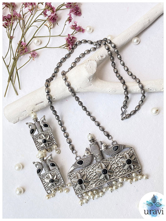 Shringaar Shresthata  - Oxidised Silver Replica Stone Studded Long Necklace Set