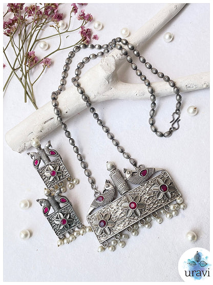 Shringaar Shresthata  - Oxidised Silver Replica Stone Studded Long Necklace Set