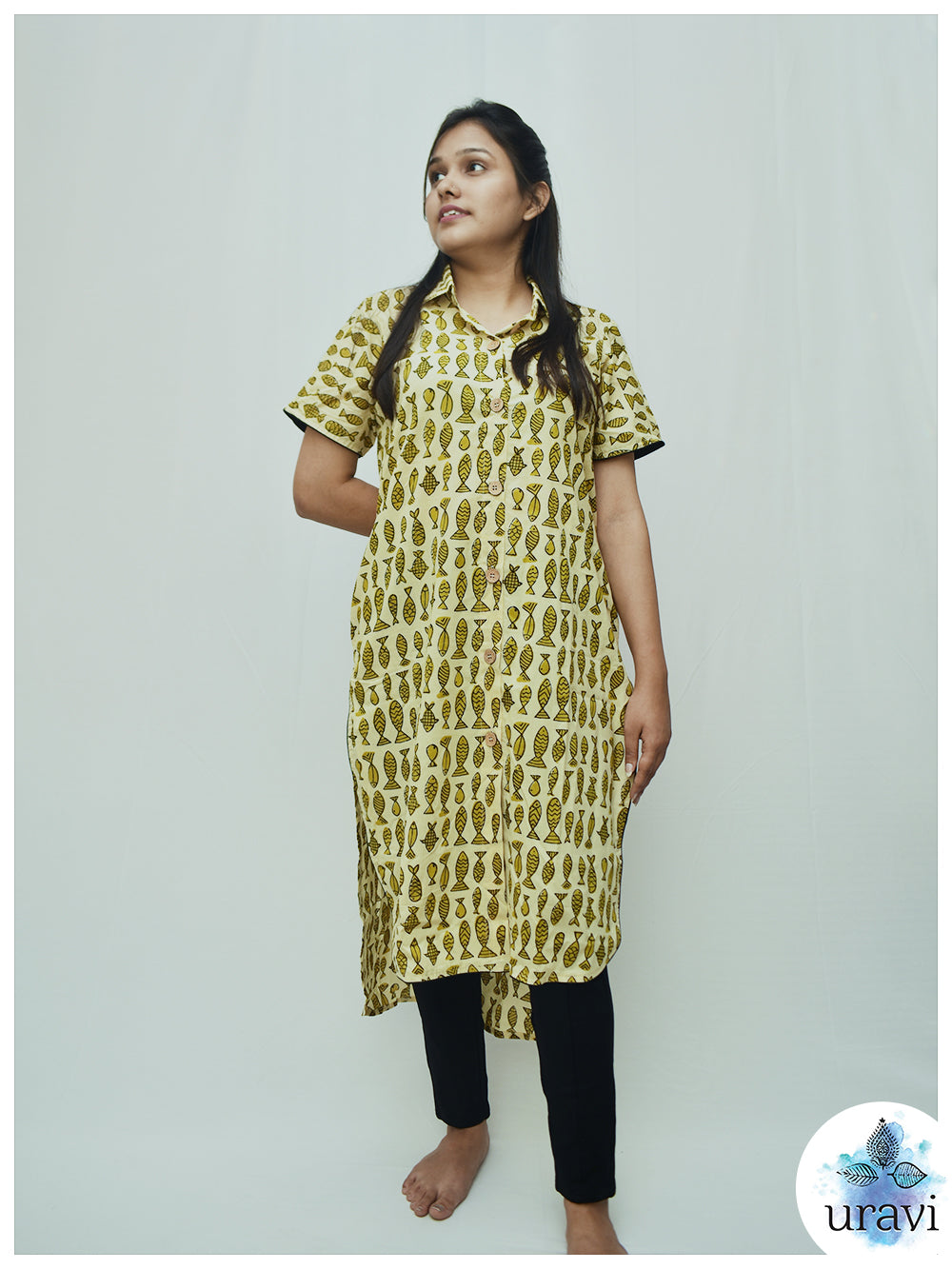 Tarang – Sanganeri Kurta with Fish Print & U-Hem