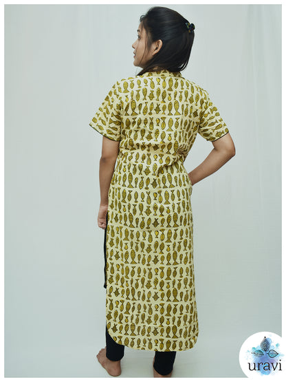 Tarang – Sanganeri Kurta with Fish Print & U-Hem