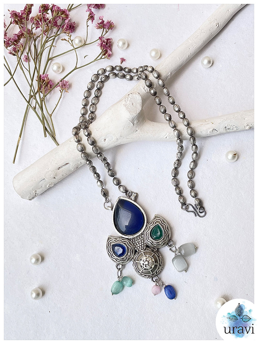 Amar Prem - Oxidised Silver Replica Stone Studded Long Necklace Set