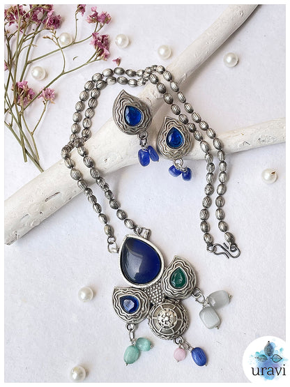 Amar Prem - Oxidised Silver Replica Stone Studded Long Necklace Set