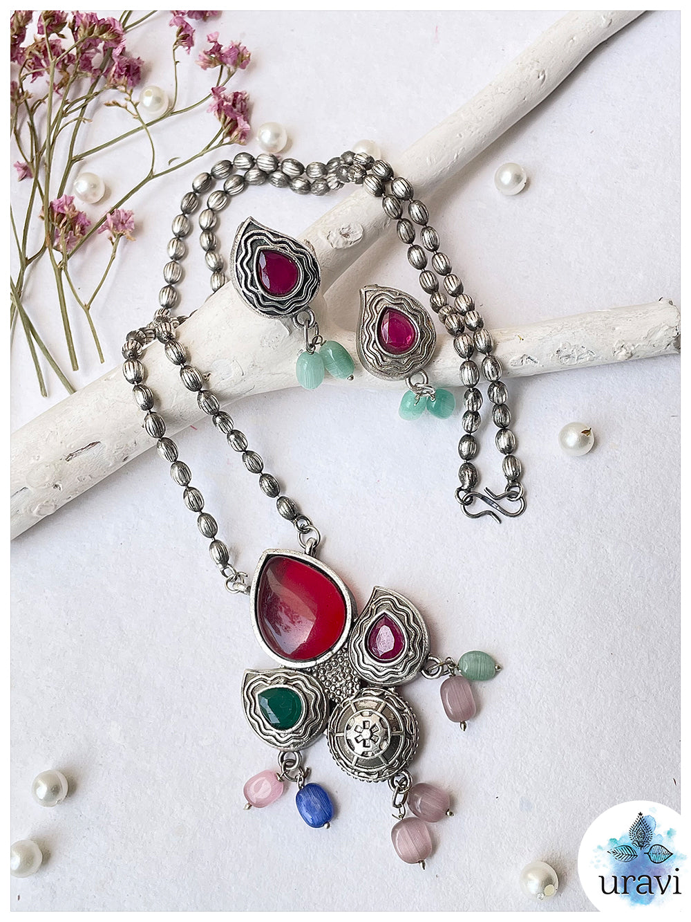 Amar Prem - Oxidised Silver Replica Stone Studded Long Necklace Set