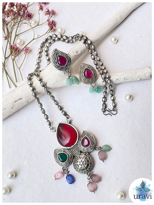 Amar Prem - Oxidised Silver Replica Stone Studded Long Necklace Set