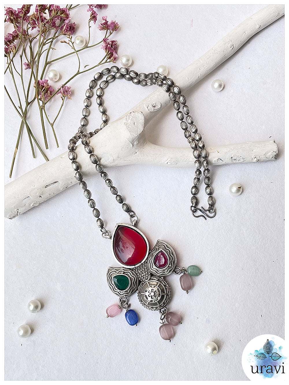 Amar Prem - Oxidised Silver Replica Stone Studded Long Necklace Set